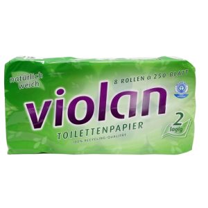 Toilettenpapier Fripa Violan 2-lagig RECYCLING weiß mit Blauem Engel 9,4x11cm 8x8 Rollen á 250 Bl.